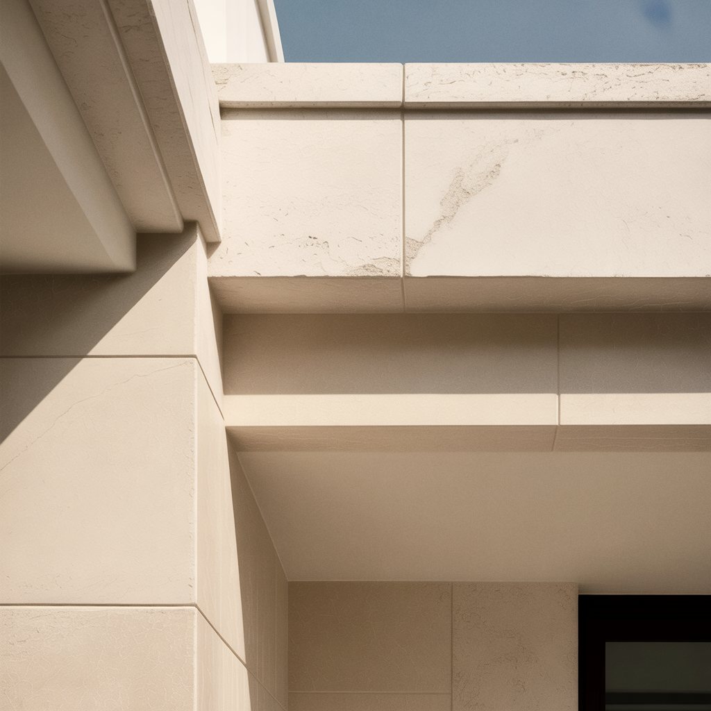 Architectural detail in pale stone — cornice, shadow, sky.