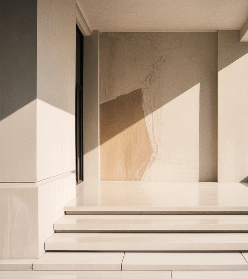 Stone threshold and steps in soft afternoon light.