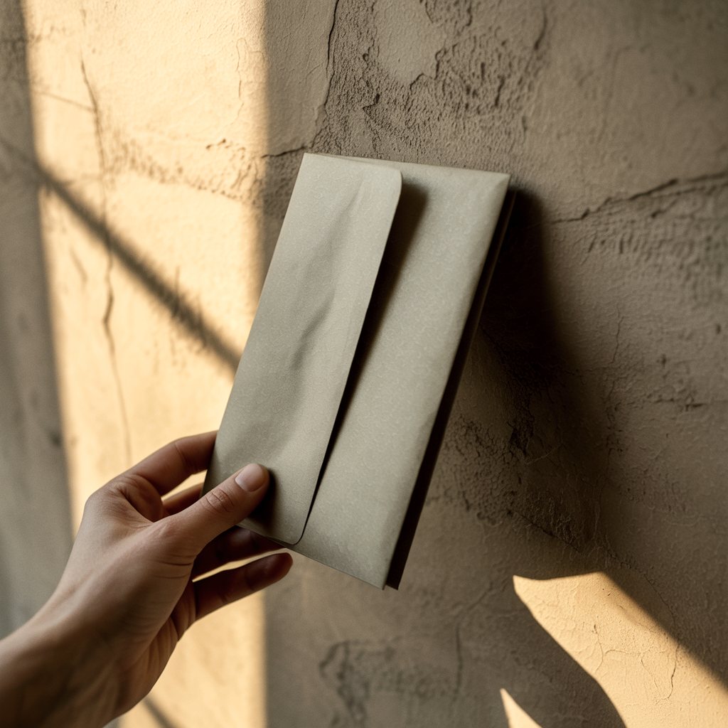 Editorial still life — sunlit envelope against a stone wall